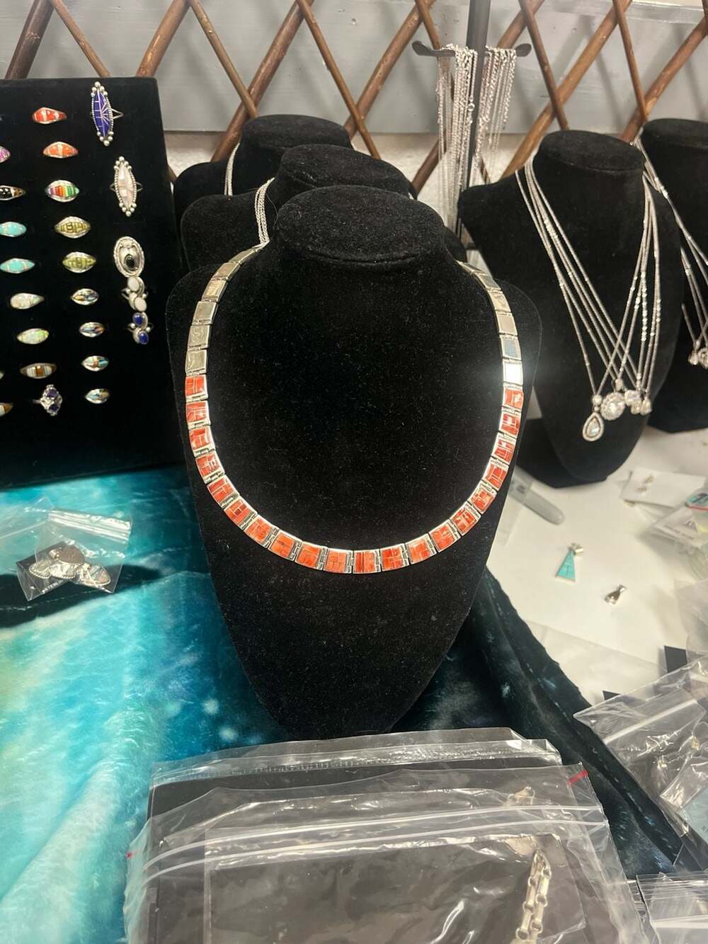 Running Bear RB Sterling Silver Orange Spiny Oyster Shell Inlay Link Necklace
